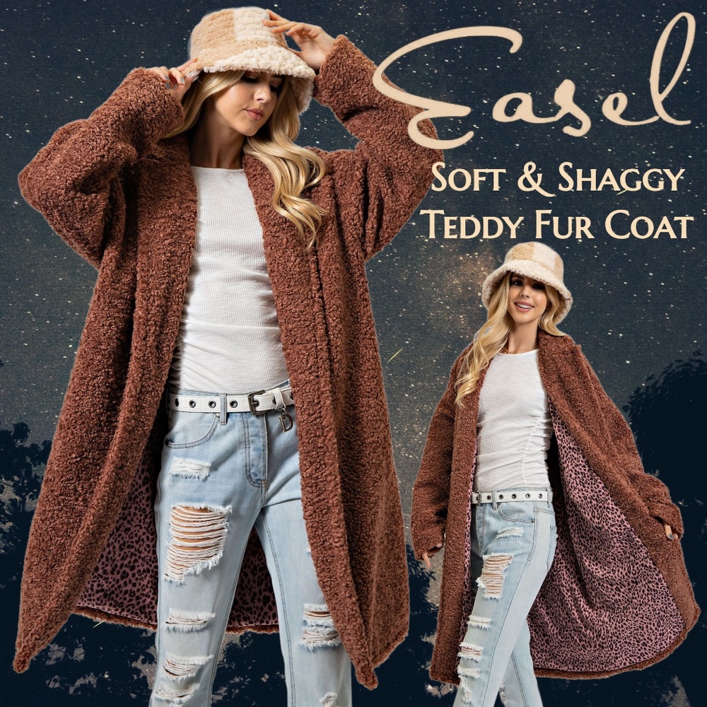EASEL ONLY TWO LEFT! Lux Teddy Fur Coat Pockets Lined w/Pink Black Leopard Print